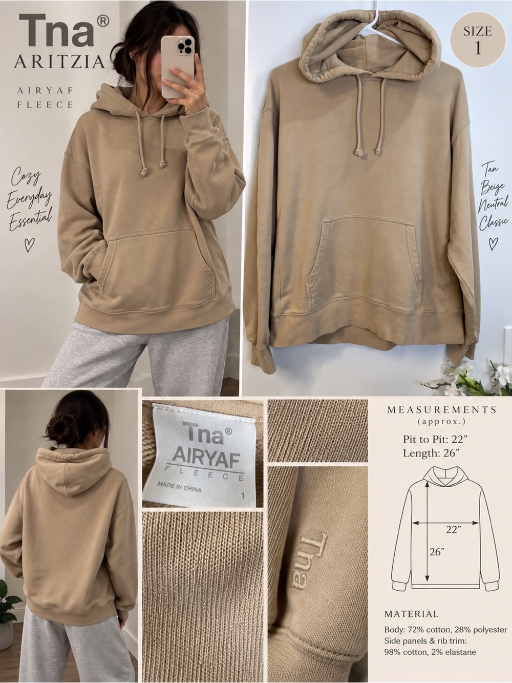 TNA Aritzia AiryAF Fleece Oversized Hoodie Tan Beige Size 1 - As Is